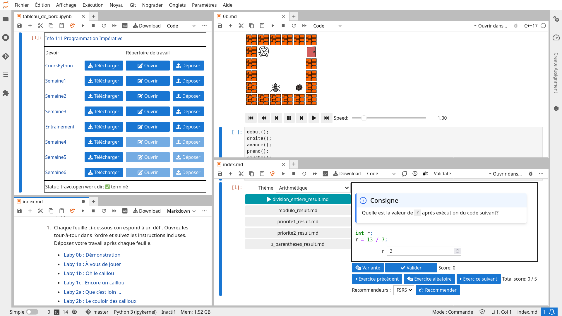 A typical work environment, with Jupyter, Travo, Laby and Jupylates